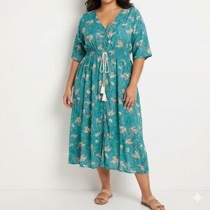 Teal Floral Button-Front Maxi Dress with Tassel Tie